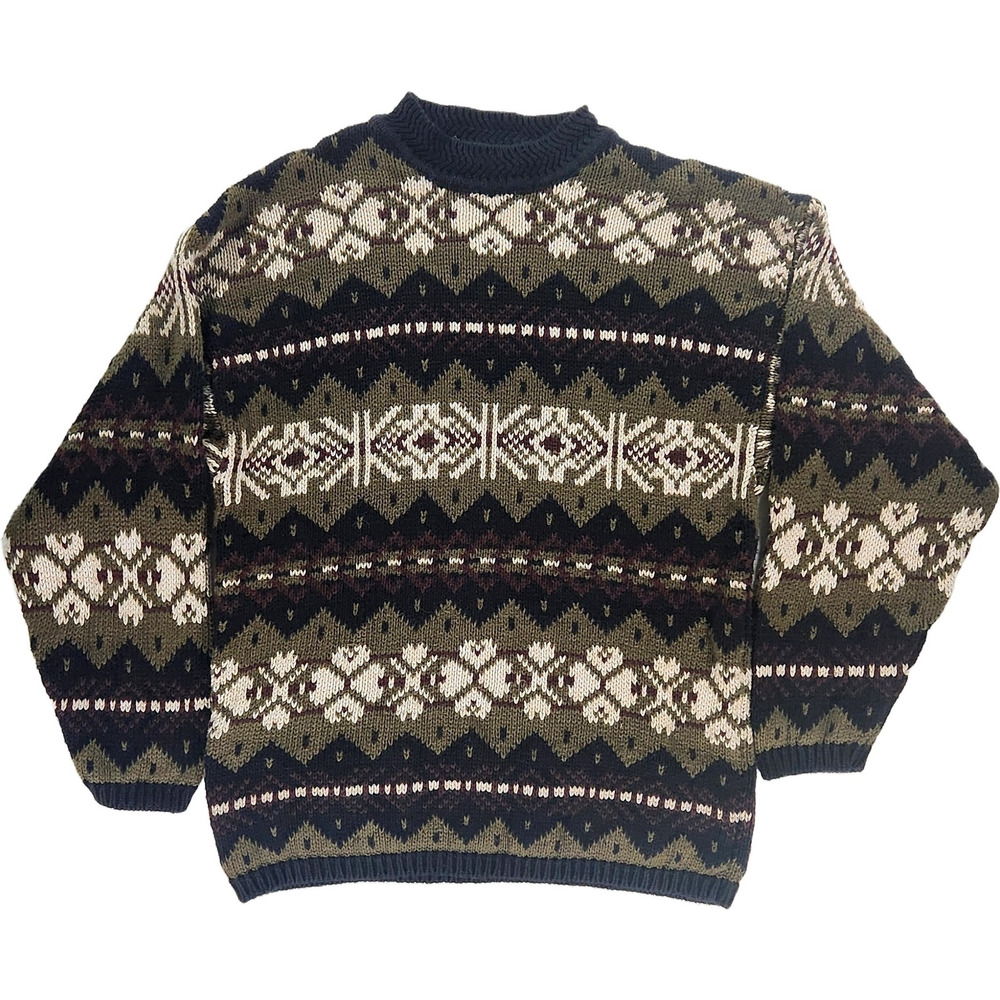Vintage 90's County Seat Men's XL Fair Isle Knit Cotton Pullover Sweater Olive